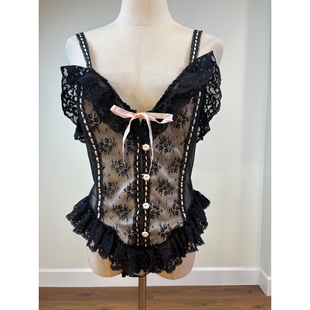 Vtg Vandemere Teddy Bodysuit M Black Sheer Lace Lingerie Romantic dark coquette